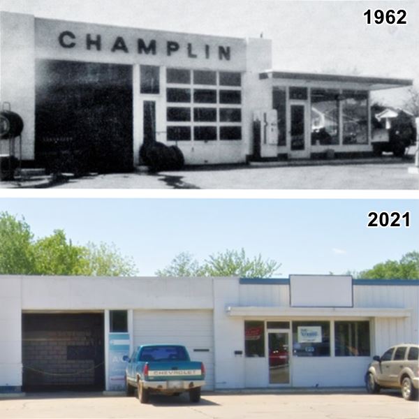 two views of the same buildings: a Champlin gas station one from 1952 the other 2021