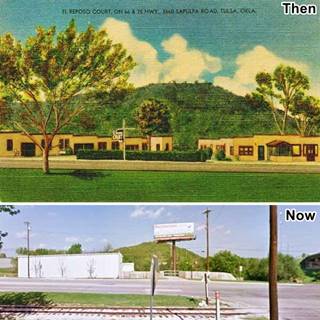 El Reposo Court then and now Tulsa US 66 top: color linnen postcard, motel, hill beyond, US 66 in front. Bottom: same hill, warehouse, Route 66.