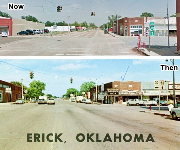 Route 66 and Wooley Ave. in 1950 and nowadays
