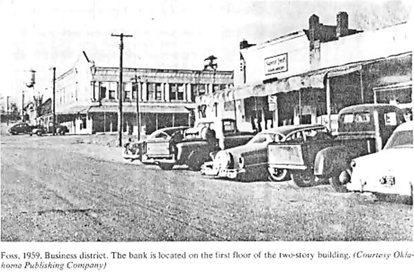black and white photo, cars and buildings on Main Street Foss Oklahoma