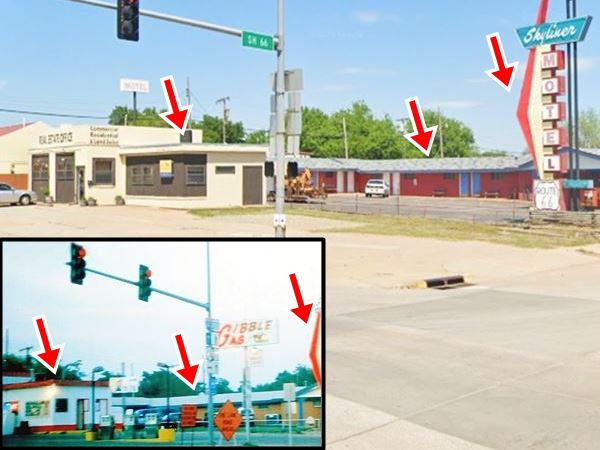 two views of the same buildings: a gas station and motel on a corner one from 1994 the other 2021