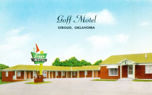 postcard gable roof Goff motel and neon sign nowadays