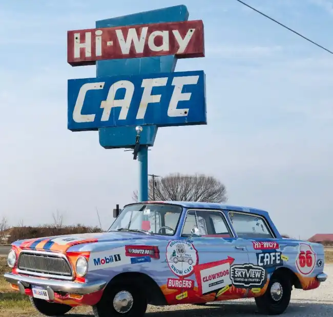 neon sign and Rambler car