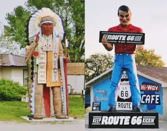 two statues left Indian Chief, right Muffler Man