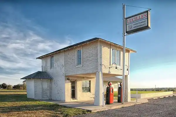 2-story gas station hip roof, old gas pumps