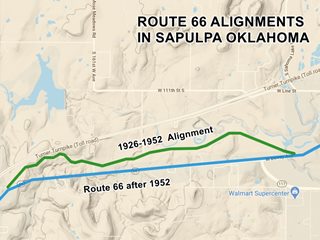 Map of US66 alignments in Sapulpa - click to enlarge Map of US66 in Sapulpa