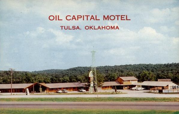 Oil Capital Motel, 1950s Tulsa Rte 66 motel with lawn between wings, and an Oil derrick by neon sign