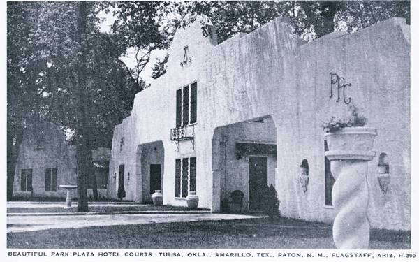 Plaza Park Court Tulsa US 66 black and white postcard, Spanish Mission style units and trees, text gives locations and name of motel