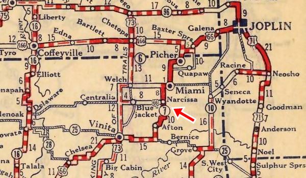 Map detail showing Ribbon Road in 1927, Miami to Afton