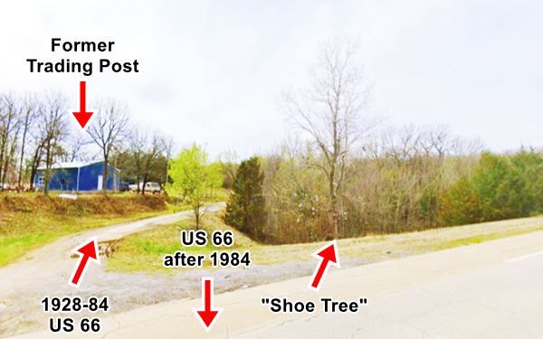 tree with shoes on its branches, forest and both old and new Route 66 alignments