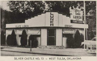 Silver Castle West Tulsa US66 Art Deco styled building with corner entrance, sign and car parked c.1940s