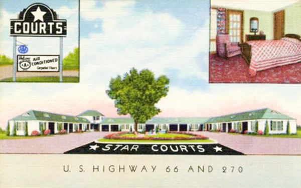 motel on Route 66 in a color 1940s postcard