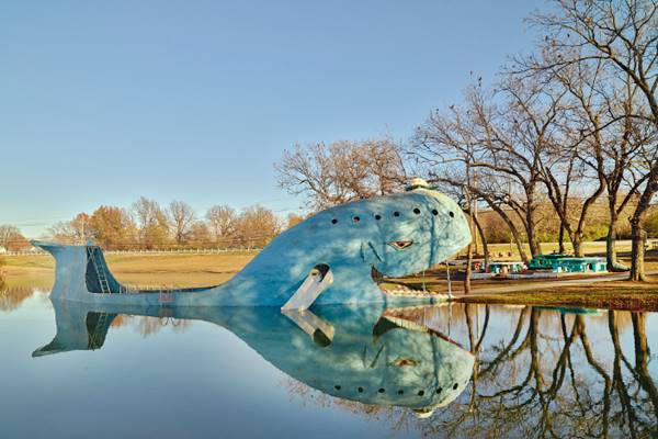 calm mirror-like pond, trees and Blue Whale in Spring