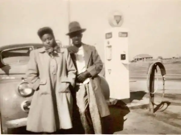 Threatt Filling Station Black couple c.1950s, gas pumps and car
