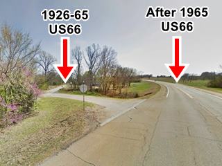 Old 1926-65 and newer 1965 alignments of Route 66 in Bristow two highways fork among trees and fields