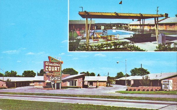 1950s color postcard Winston’s Motel Tulsa Rte 66 color photo postcarcd c.1950s: motel with gable roofed units, central sign and office, inset shows pool