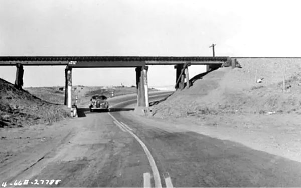 car in deadly underpass on US66 black and white 1940s photo
