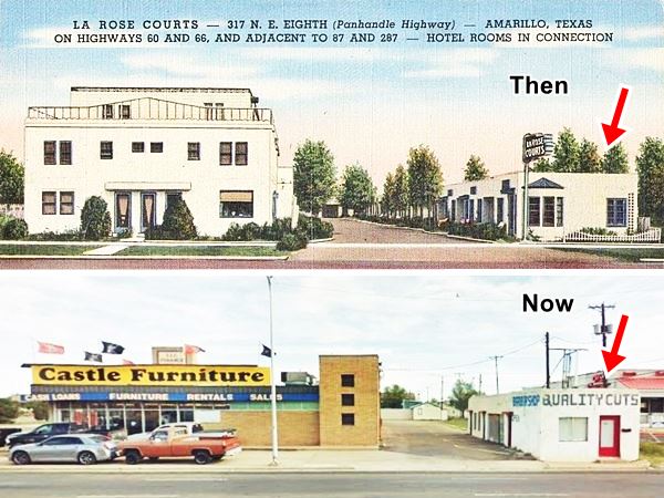 a 1950s and current view of same motel original building marked with red arrow