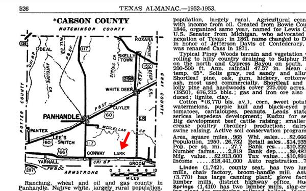 Detail of Texas Almanac map, 1952 showing Lark