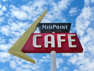 Midpoint Cafe Neon sign googie yellow boomerang red and blue panels MIDPOINT CAFE written