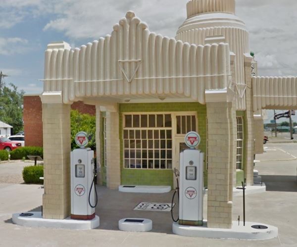 Detail of the gas pumps at the Conoco Tower station in Shamrock TX