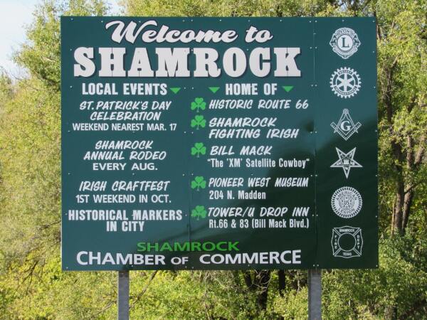 Welcome to Shamrock road sign with the town's attractions listed