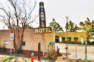 old motel, trees and 1950s neon sign