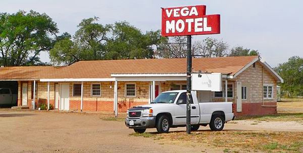 neon sigh, pick up truck and the Vega Motel, Vega Texas